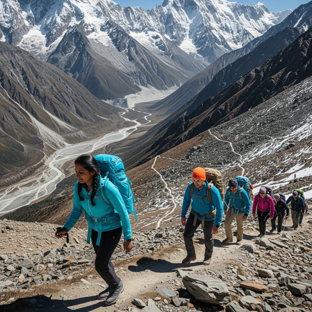 Grup de drumeți pe un traseu montan la peste 2000m, cu un râu glaciar și vârfuri înzăpezite în fundal.