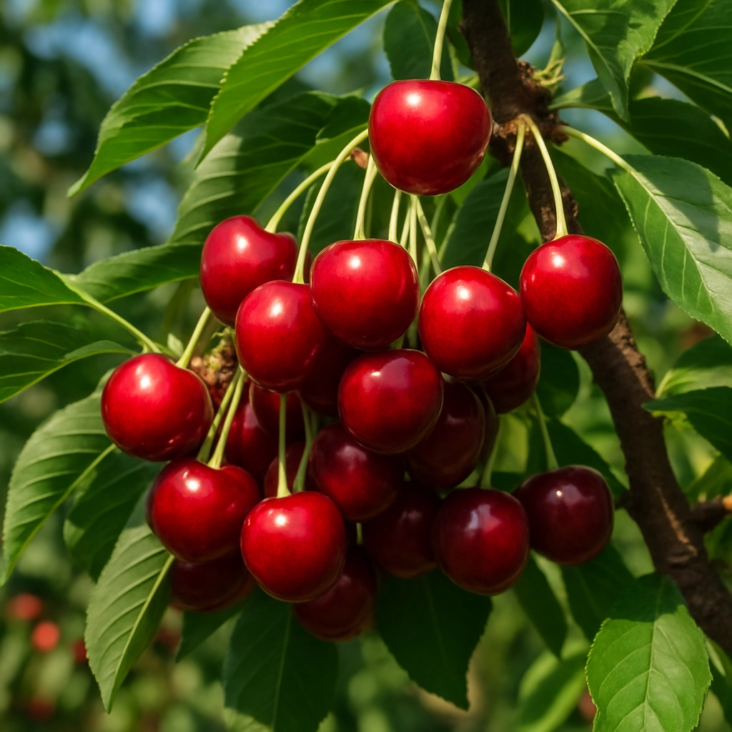 Cireșe coapte într-un pom, gata de cules la Cherry Romania