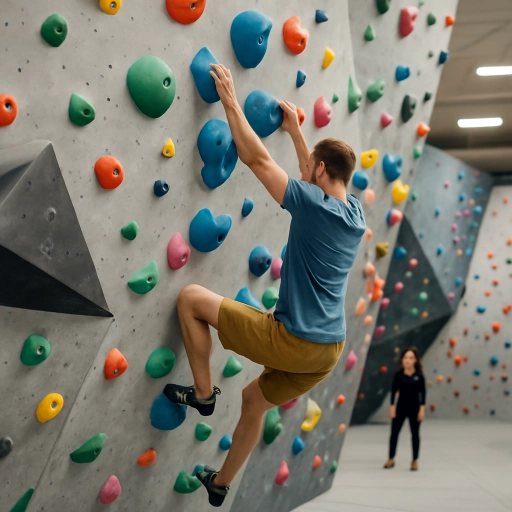 Escaladă indoor într-o sală de bouldering modernă, cu panouri înclinate și prinderi colorate