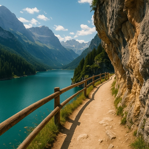 Potecă de munte pe marginea unui lac alpin, traseu spectaculos pentru ture de concediu