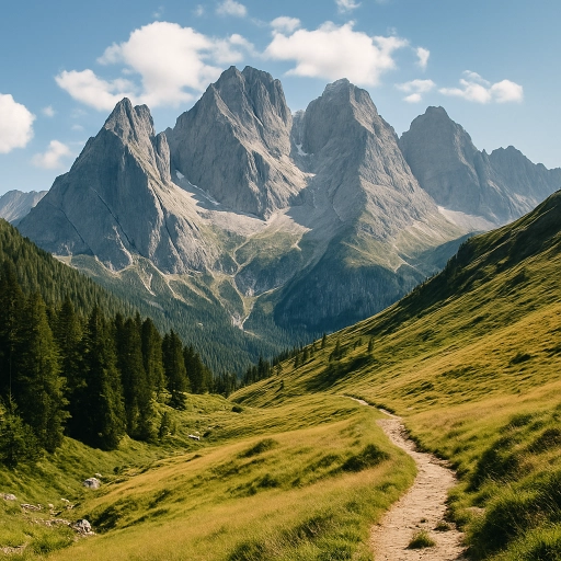 Peisaj montan spectaculos cu potecă prin pășune alpină și creste dramatice în fundal