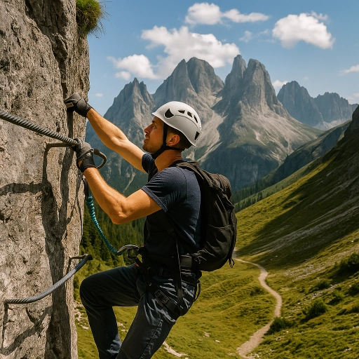 Cățărare pe traseu de via ferrata în munți, cu priveliște spectaculoasă și echipament complet